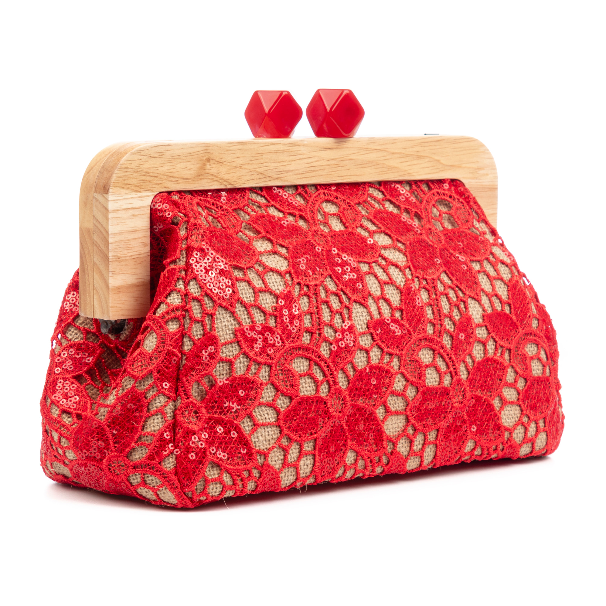 Borbera Borsa a tracolla Donna. Realizzata in legno naturale, cotone e juta con design in rete di tessuto floreale.