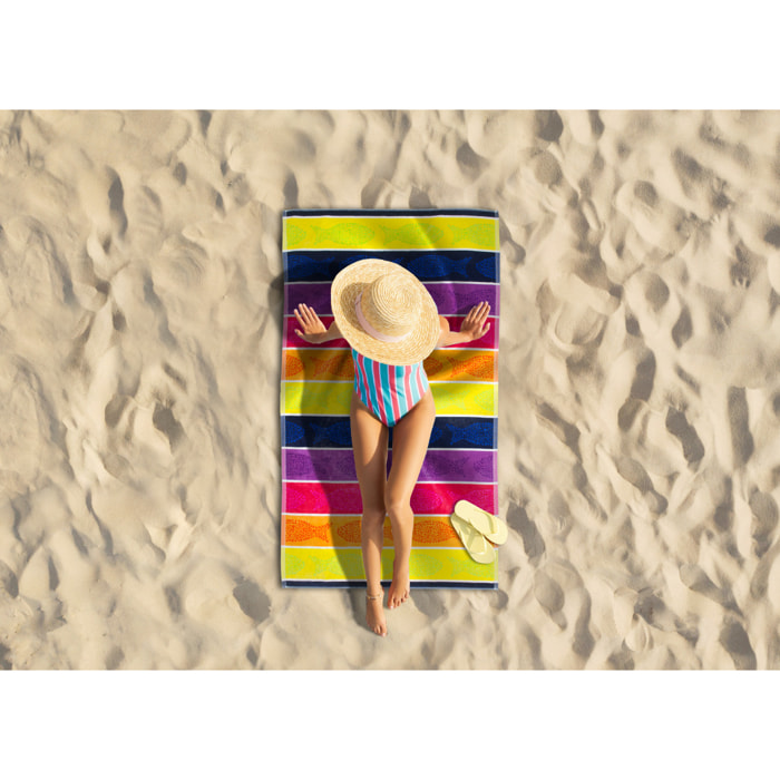 Telo Mare Spugna Jacquard Spiaggia Disegno Fish Pois