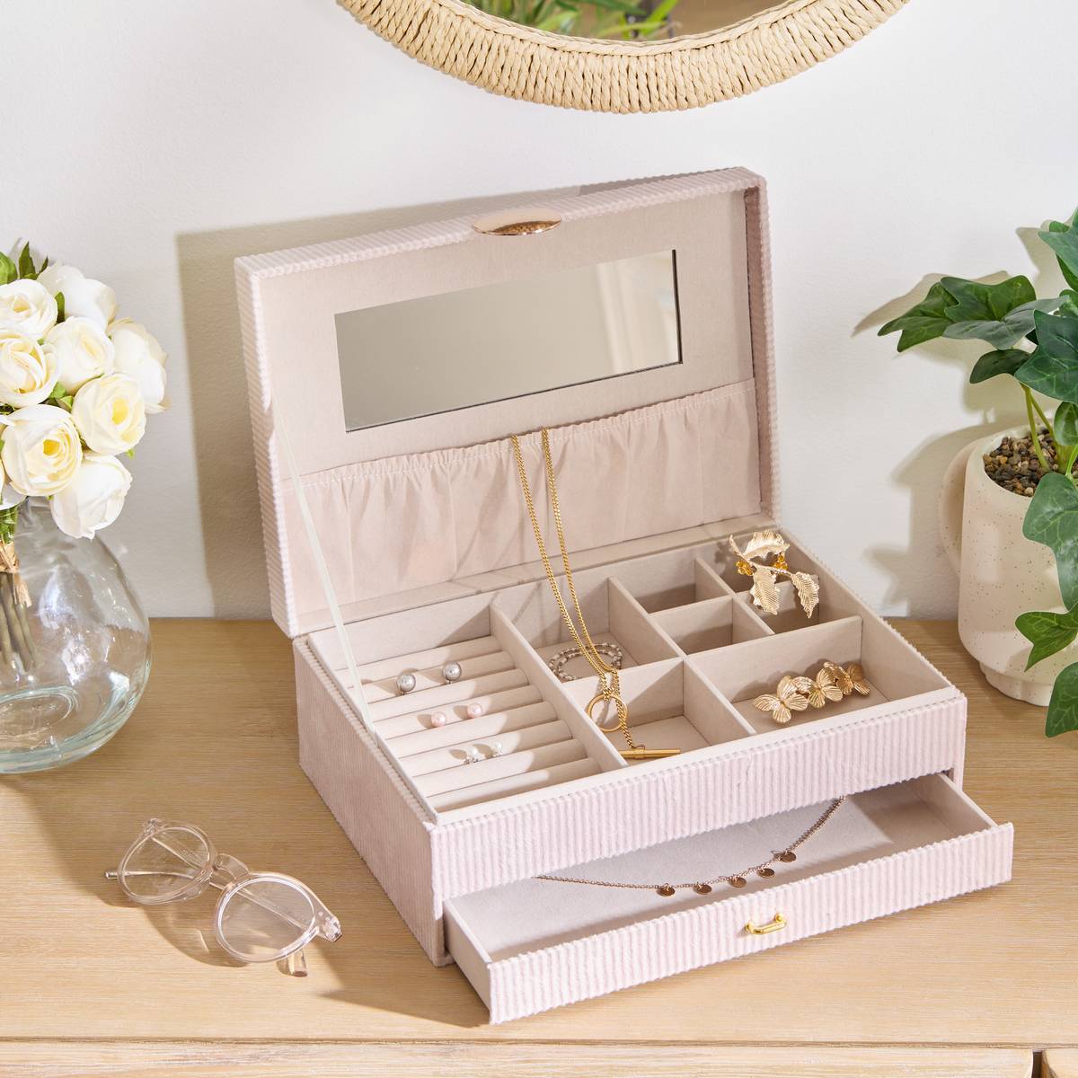 Boîte à bijoux Enya avec miroir 27,5x19x10cm beige