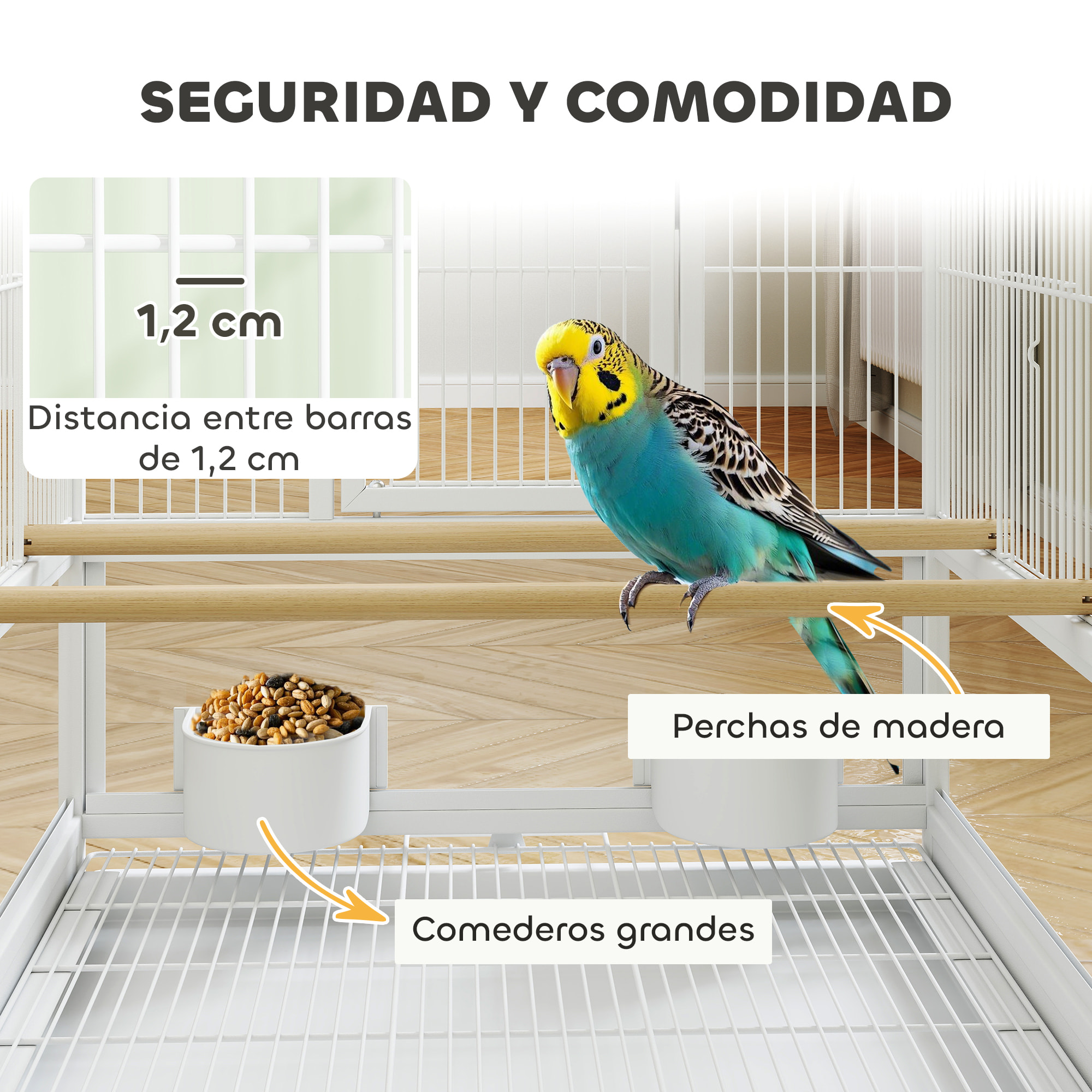 Jaula para Pájaros Jaula Grande con Ruedas Paneles Acrílicos Comederos Perchas Estante Bandejas Extraíbles Pajarera para Loros Canarios 48x46x83 cm Blanco