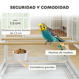 Jaula para Pájaros Jaula Grande con Ruedas Paneles Acrílicos Comederos Perchas Estante Bandejas Extraíbles Pajarera para Loros Canarios 48x46x83 cm Blanco