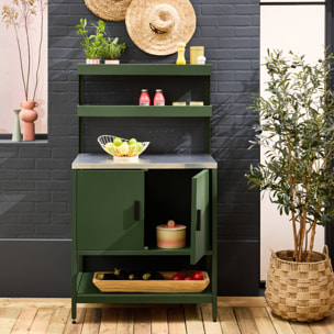 Cuisine d'extérieure en acier vert avec 2 étagères suspendues et 2 portes L80cm