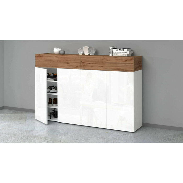 Scarpiera Are, Porta scarpe salvaspazio a 6 ante, Armadio multifunzione da ingresso, 154x38h100 cm, Bianco e Rovere