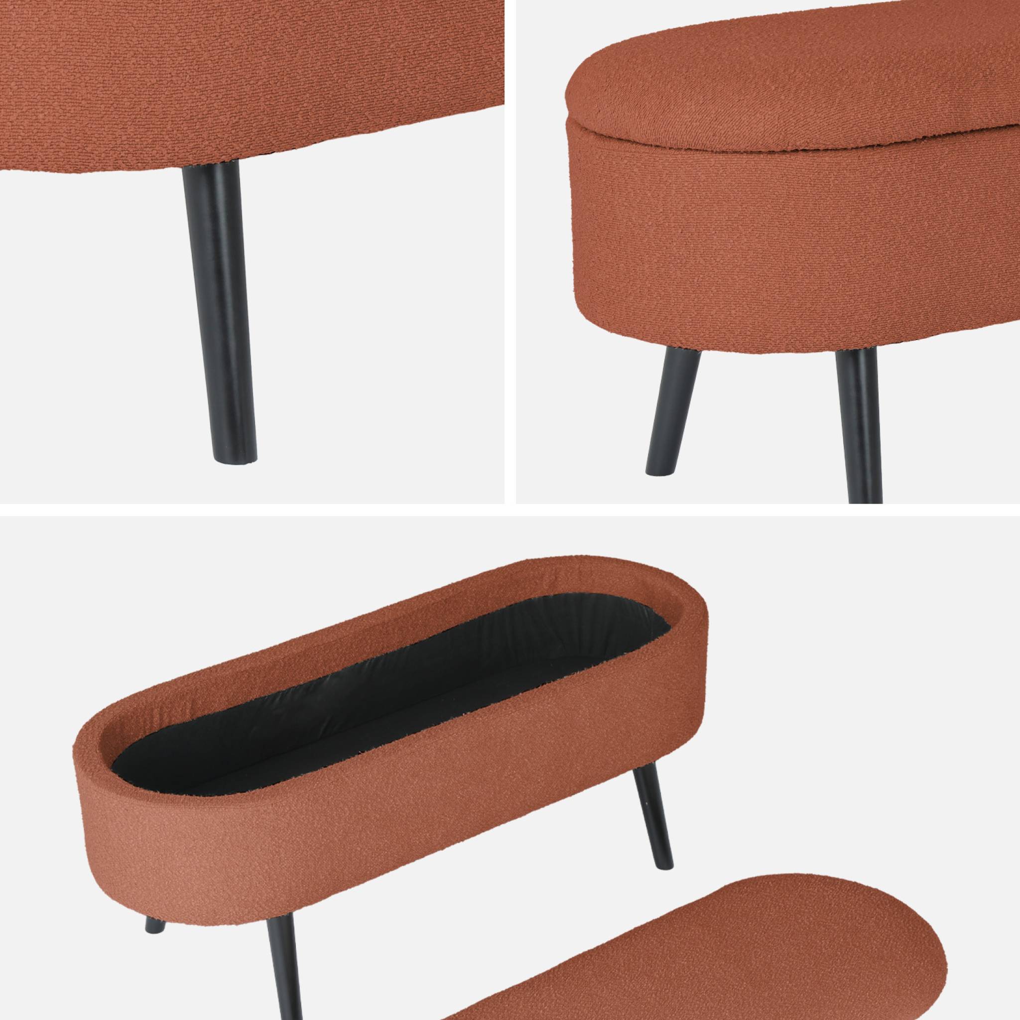 Banc coffre. bout de lit avec revêtement bouclette texturée. rouille. pieds en bois noir. L 112 x 44 x 50cm