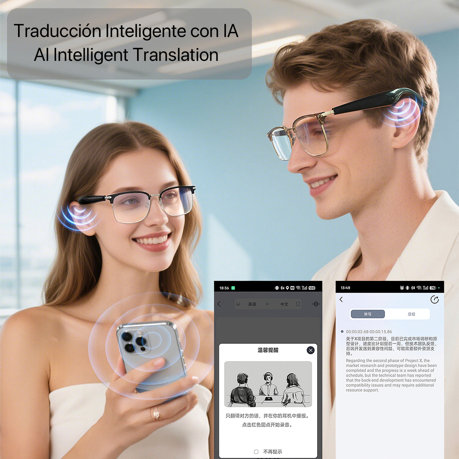 Gafas AI GY-600, traducción de +100 idiomas, asistente inteligente y reproducción de música.