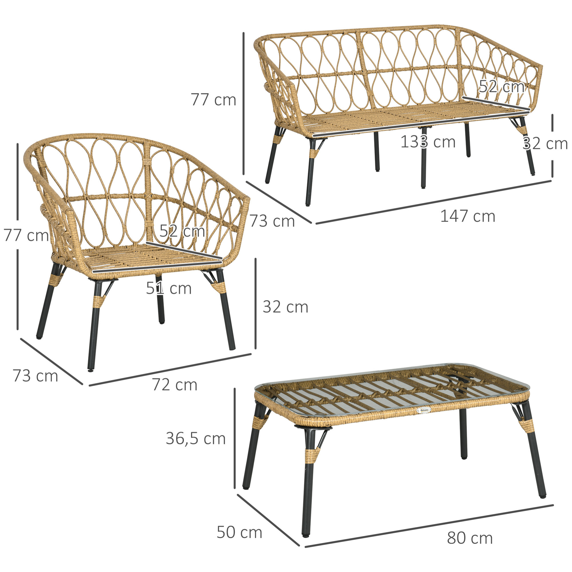 Salon de jardin 4 places 4 pièces style colonial table basse coussins gris inclus résine tressée aspect rotin