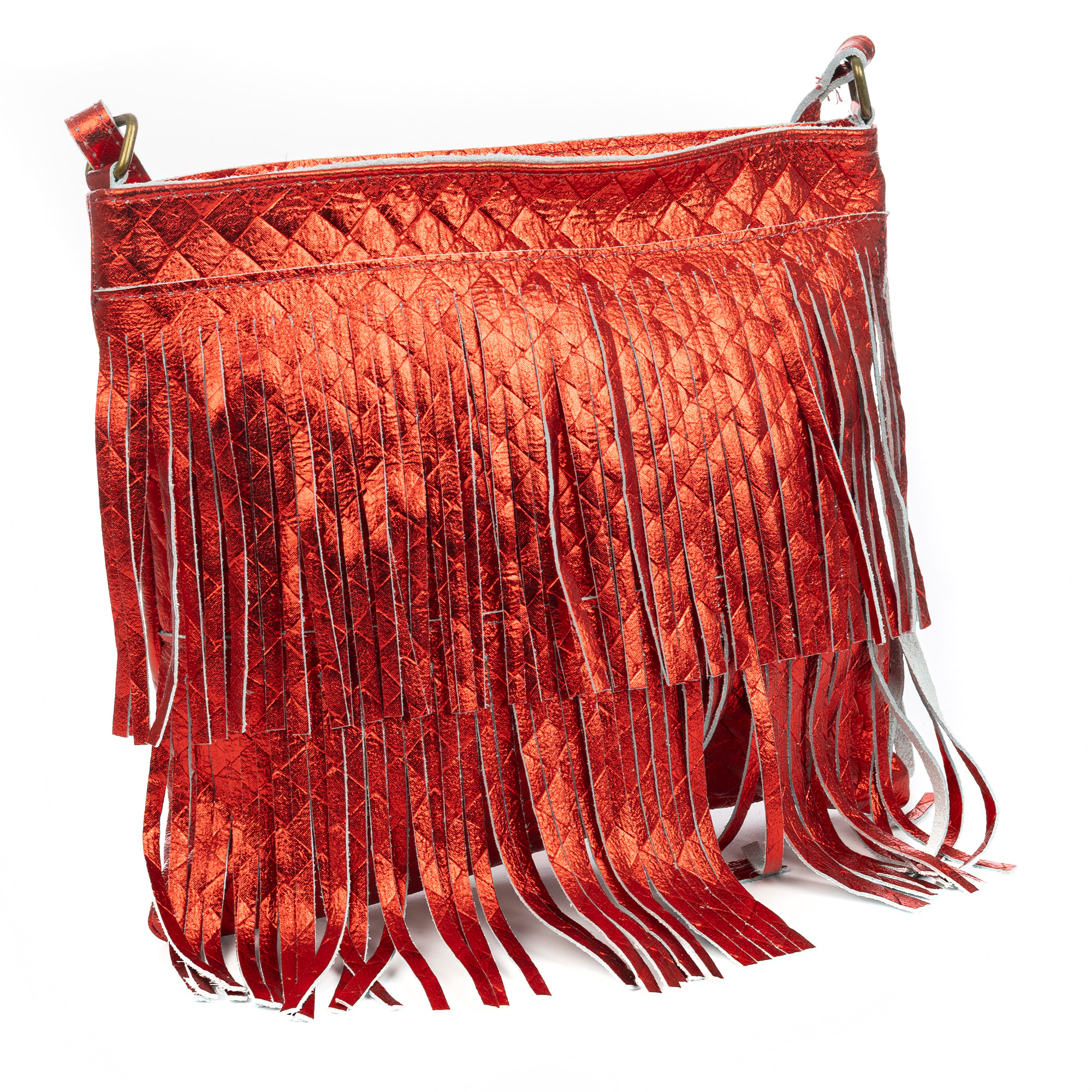 Avise bolso bandolera con flecos mujer. Piel auténtica Gamuza lacada brillante.