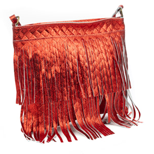 Avise bolso bandolera con flecos mujer. Piel auténtica Gamuza lacada brillante.