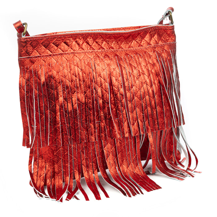 Avise bolso bandolera con flecos mujer. Piel auténtica Gamuza lacada brillante.