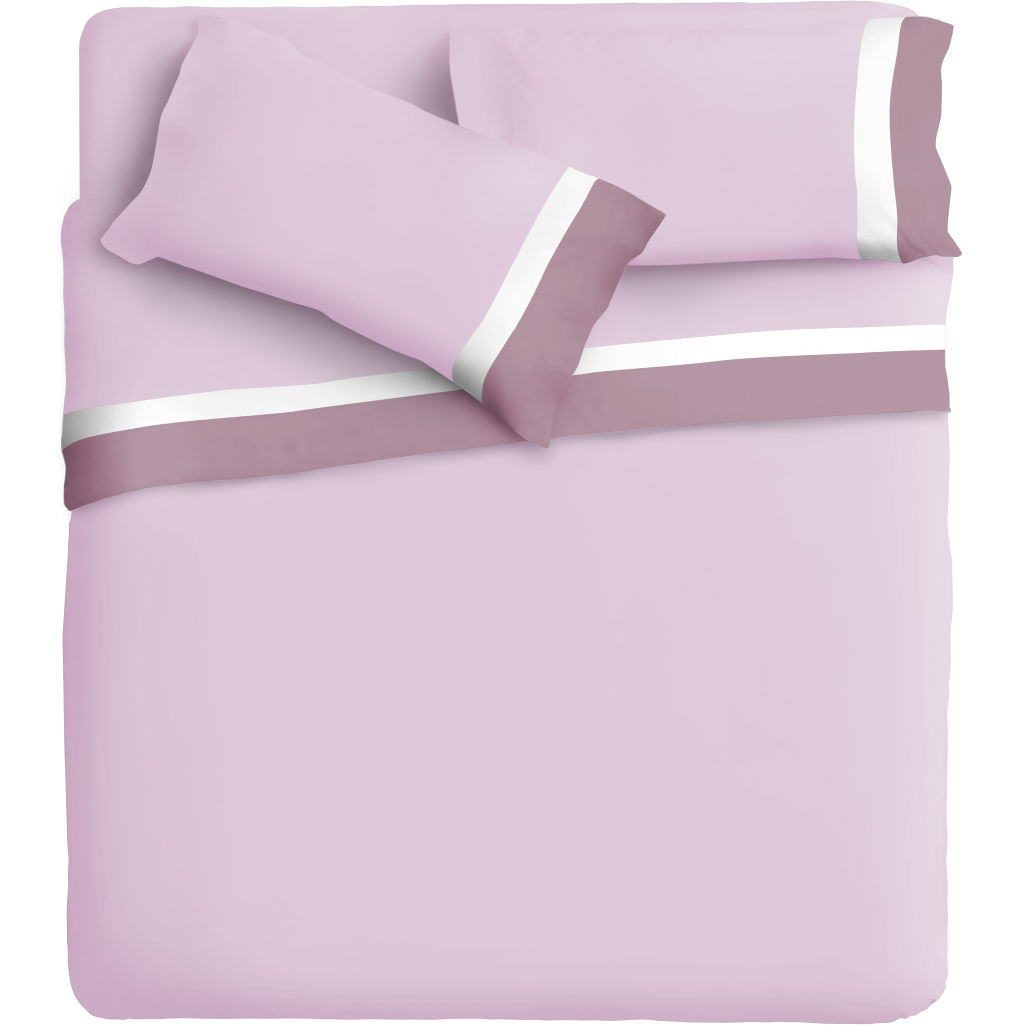 Completo letto doppia balza RASO IPERSAN Puro Cotone Malva/Bianco fondo Rosa