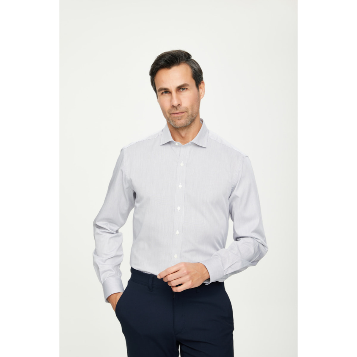 Camicia Uomo 1 Bottone Francese Satin Riga Stretta Bianco/Nero