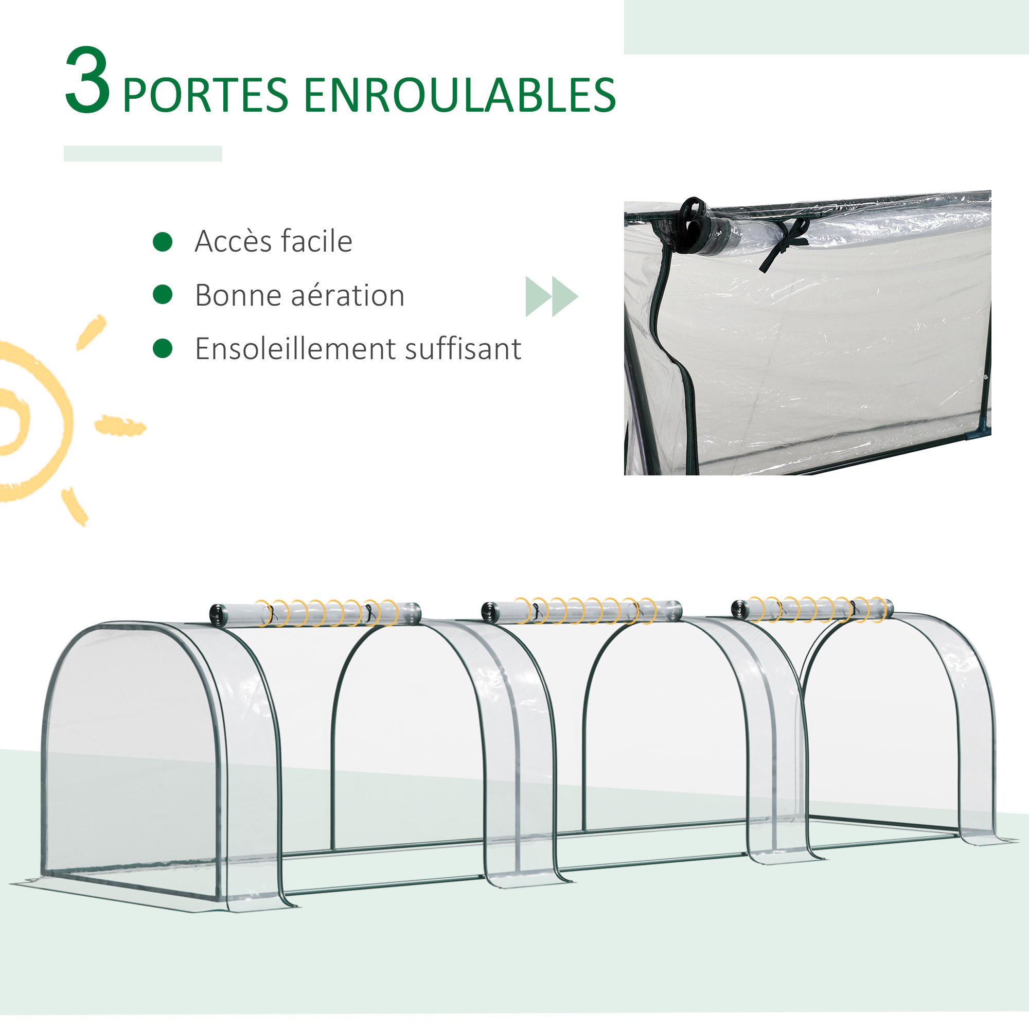 Serre de jardin tunnel 3,5L x 1l x 0,8H m 3 portes zippées bâche PVC transparent métal époxy vert