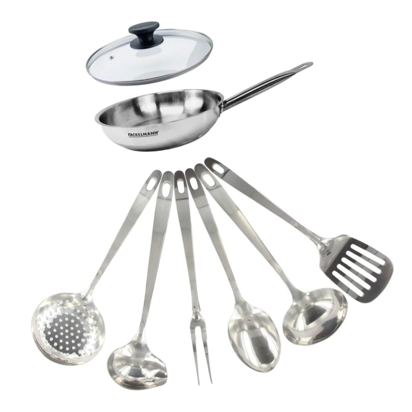 Set poêle en inox, couvercle verre et 6 ustensiles inox Fackelmann Eterna