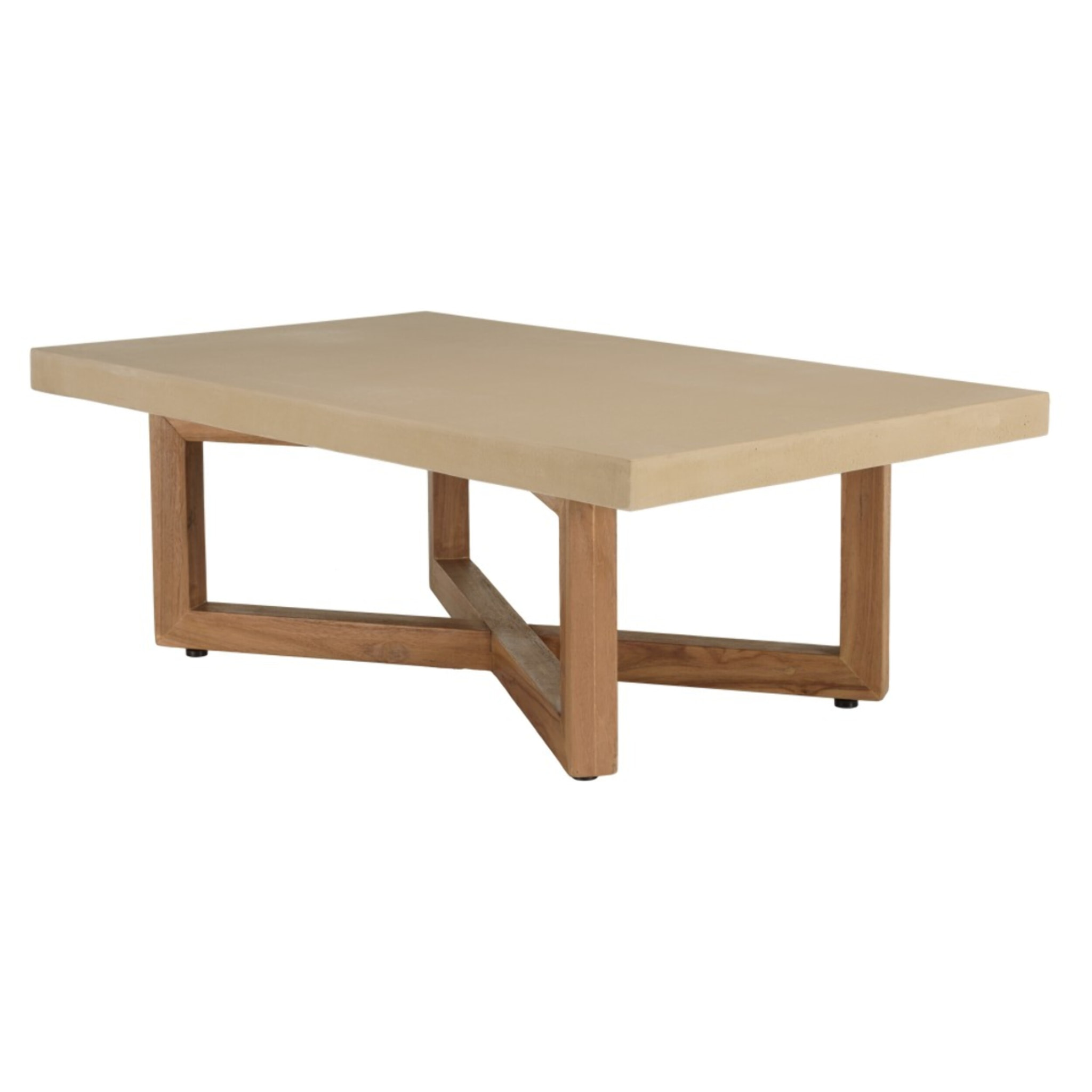 DAK - Table basse rect. 120x70cm en béton beige pieds croisés en teck