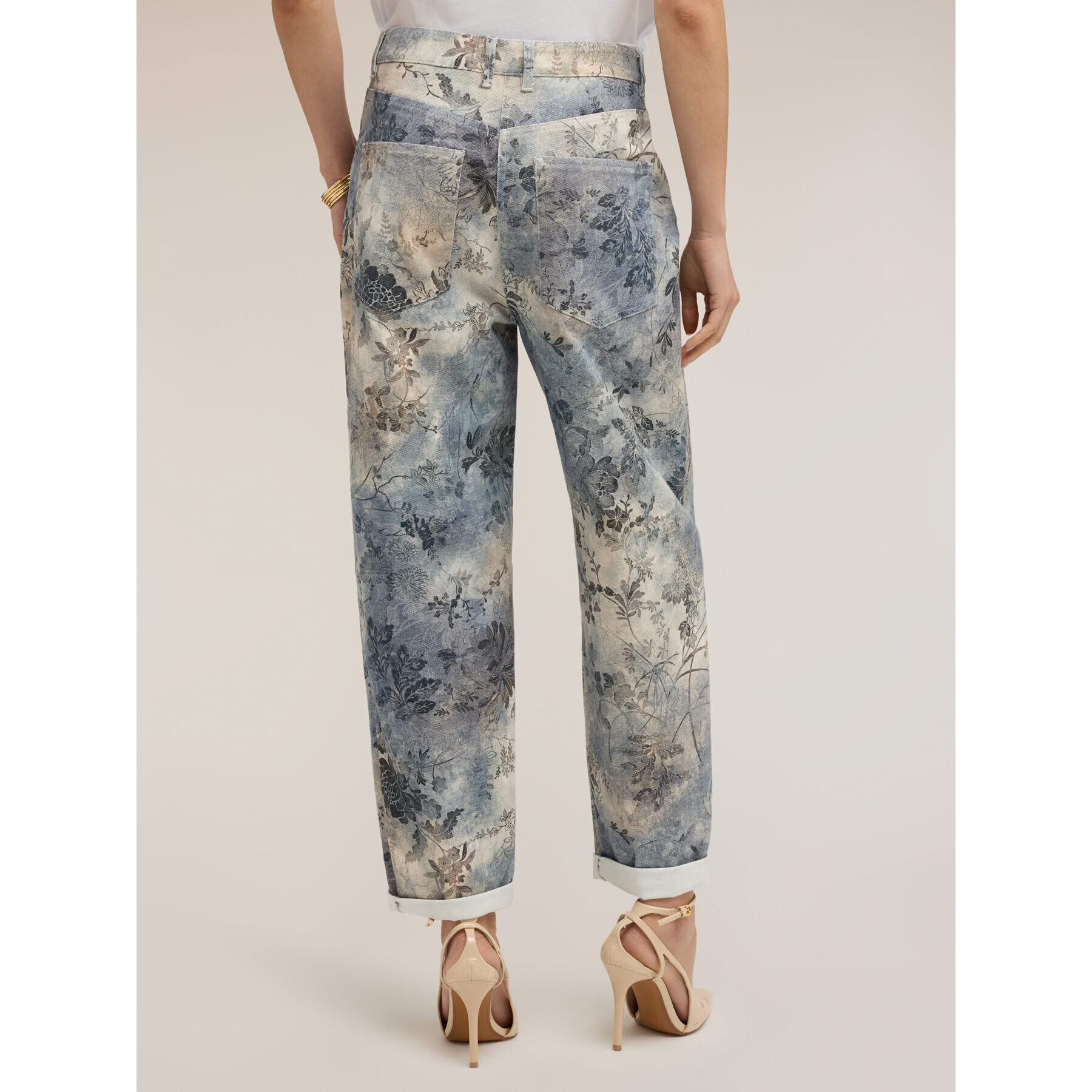 Motivi - Pantaloni boyfit in drill di cotone stampato - Azzurro