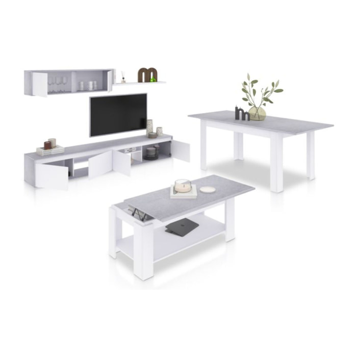 Pack salón con mesa de centro y mesa de comedor Arlet Max Blanco Artik (Blanco Mate) - Gris Cemento