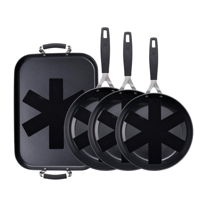 Juego de 3 sartenes ø20ø24ø28cm y plancha grill 32x23cm + 4 protectores en aluminio forjado antiadherentes masterpro