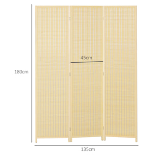 Paravent interieur en bois 3 panneaux 135 x 180 cm séparateur de pièce pliable bois naturel