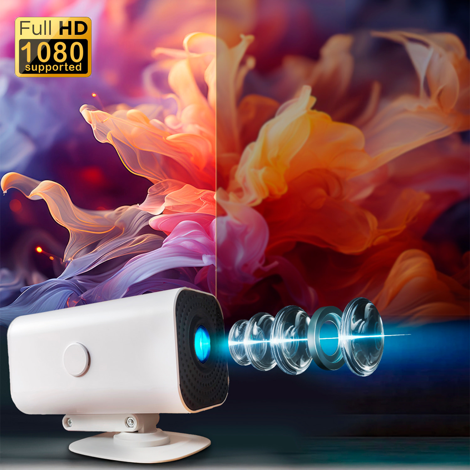 Mini proiettore LCD regolabile 180º. Wifi 6, duplicazione dello schermo, 1080p con proiezione fino a 300 pollici e messa a fuoco manuale.