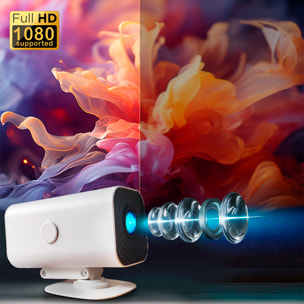 Mini proiettore LCD regolabile 180º. Wifi 6, duplicazione dello schermo, 1080p con proiezione fino a 300 pollici e messa a fuoco manuale.