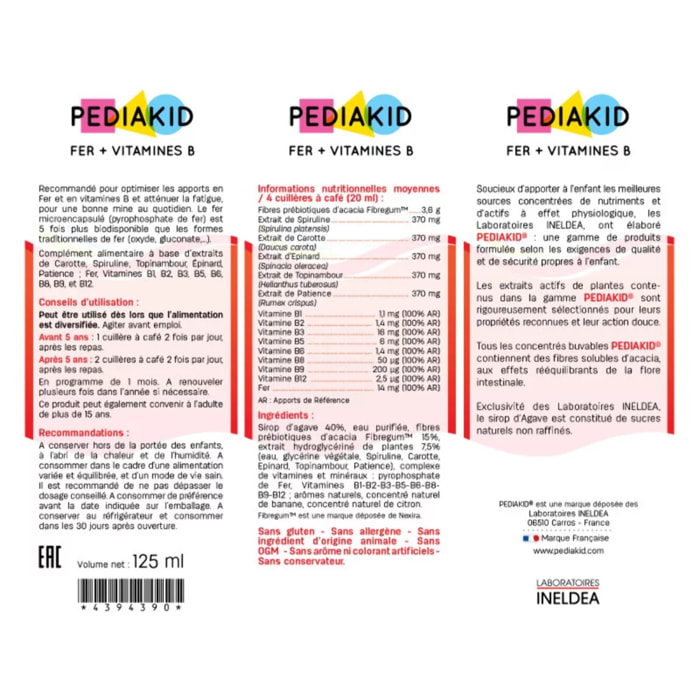 PEDIAKID - Complément Alimentaire Naturel Pediakid Fer + Vitamines B - Formule Exclusive au Sirop d'Agave - Optimise les Apports en Fer - Contribue à Réduire la Fatigue - Lot de 3 Flacons 125ml