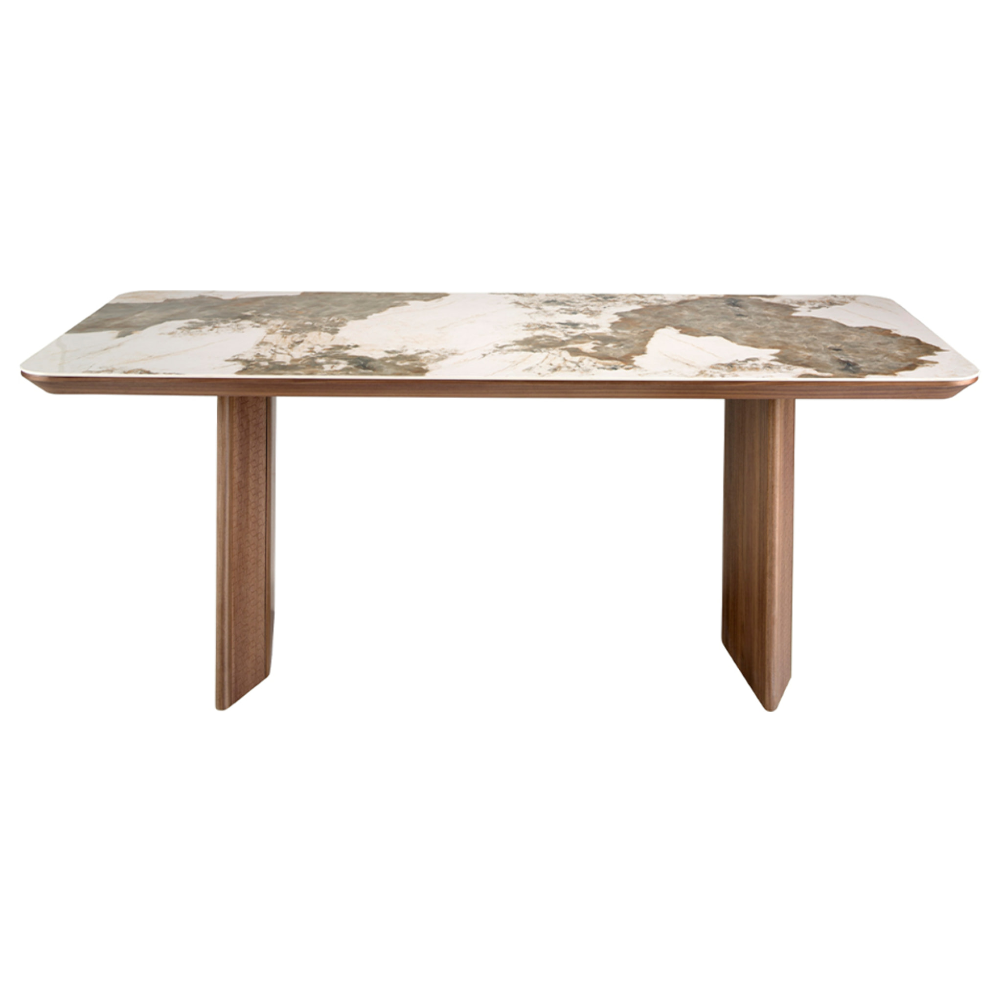 Mesa comedor rectangular con tapa fija de mármol porcelánico blanco con vetas en tonos tierra en acabado brillo 200x90x77cm