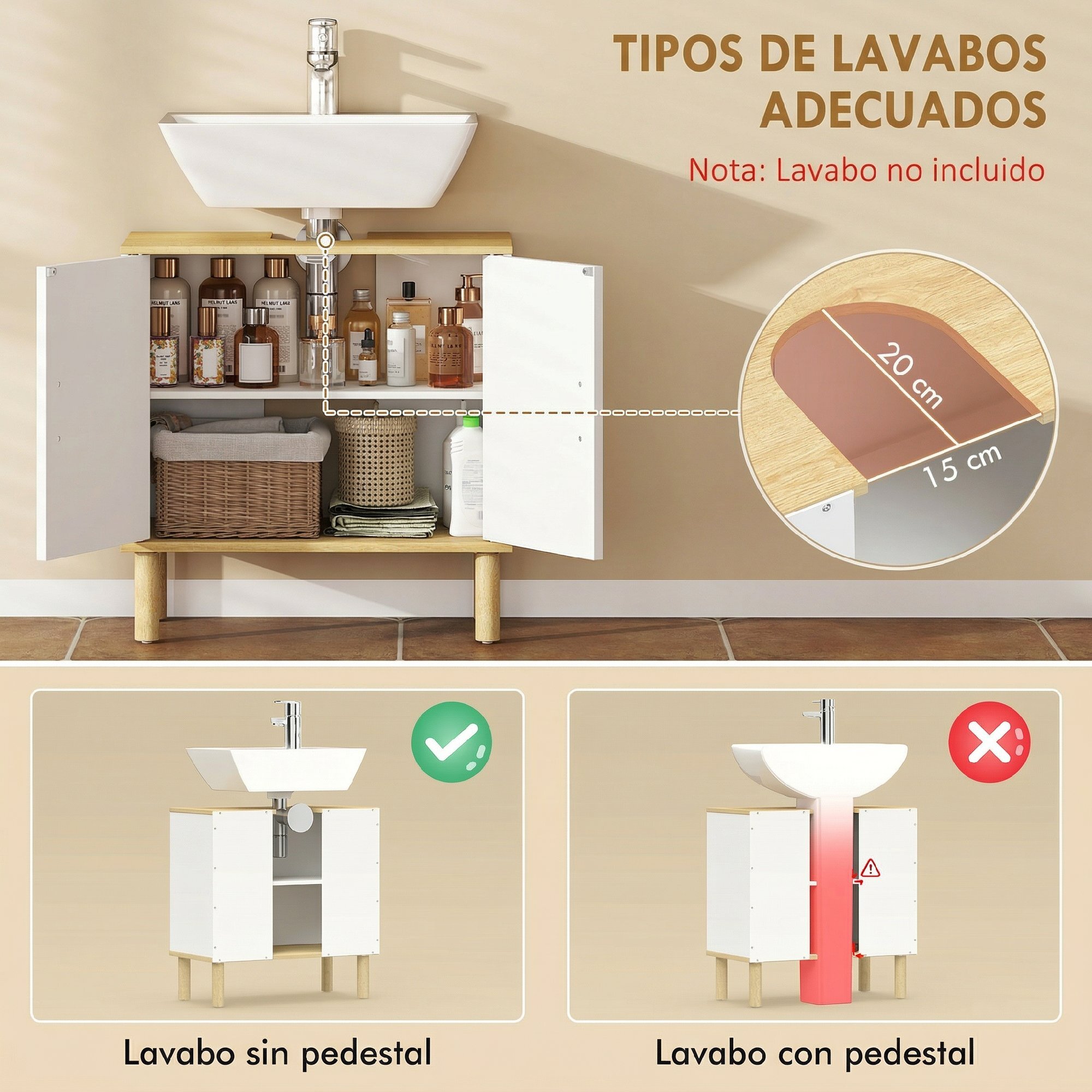 Mueble Bajo Lavabo, Mueble de Baño con Estante Ajustable, Puertas Acanaladas y Patas de Madera, para Lavabo sin Pedestal, 60x30x61 cm, Blanco