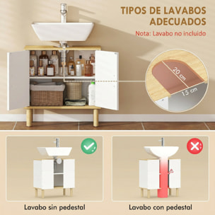 Mueble Bajo Lavabo, Mueble de Baño con Estante Ajustable, Puertas Acanaladas y Patas de Madera, para Lavabo sin Pedestal, 60x30x61 cm, Blanco