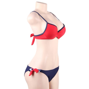 Conjunto de bikini 3 piezas rojo a rallas con anillo de acero