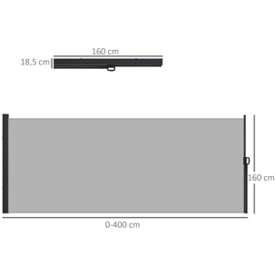 Store latéral brise-vue paravent rétractable de jardin dim. 4L x 1,60H m alu. polyester haute densité 180 g/m² gris