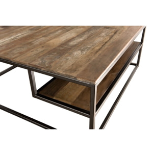 SIXTINE - Table basse carrée avec tablettes 100x100cm Teck recyclé Acacia Mahogany recyclé et métal noir