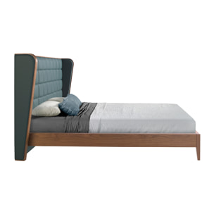 Cama Angel Cerdá de matrimonio con cabecero en polipiel en verde oscuro y estructura de madera chapada en nogal natural 206x213x123cm