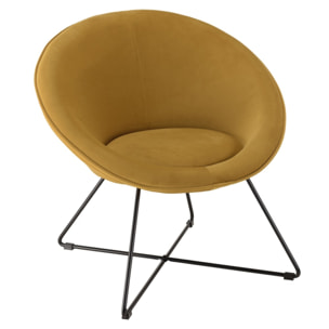 AGATHE - Fauteuil tissu velours jaune moutarde pieds croisés métal noir