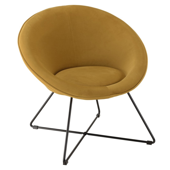 AGATHE - Fauteuil tissu velours jaune moutarde pieds croisés métal noir