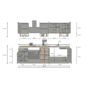 Cucina completa Dcelient, Cucina pratica e salvaspazio, Parete da cucina con 7 ante e 1 cassetto, 100% Made in Italy, 255x60h85 cm, Bianco lucido e Rovere