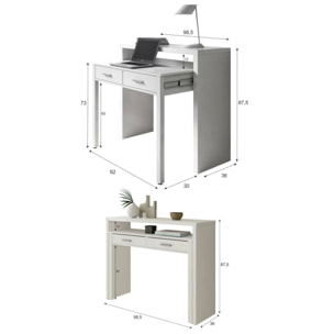 Consolle Billings, Scrivania con piano estensibile, Scrittoio porta PC con 2 cassetti, cm 99x36h88, Bianco