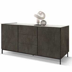 Credenza PIETRASANTA in legno, finitura in acciaio ossidato, piano effetto marmo statuario, 200x50 cm