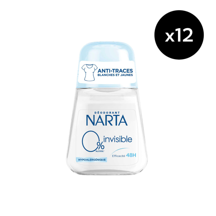 Lot de 12 - Narta Invisible Femme Déodorant Bille Efficacité 48h Sans Alcool Hypoallergénique 50ml