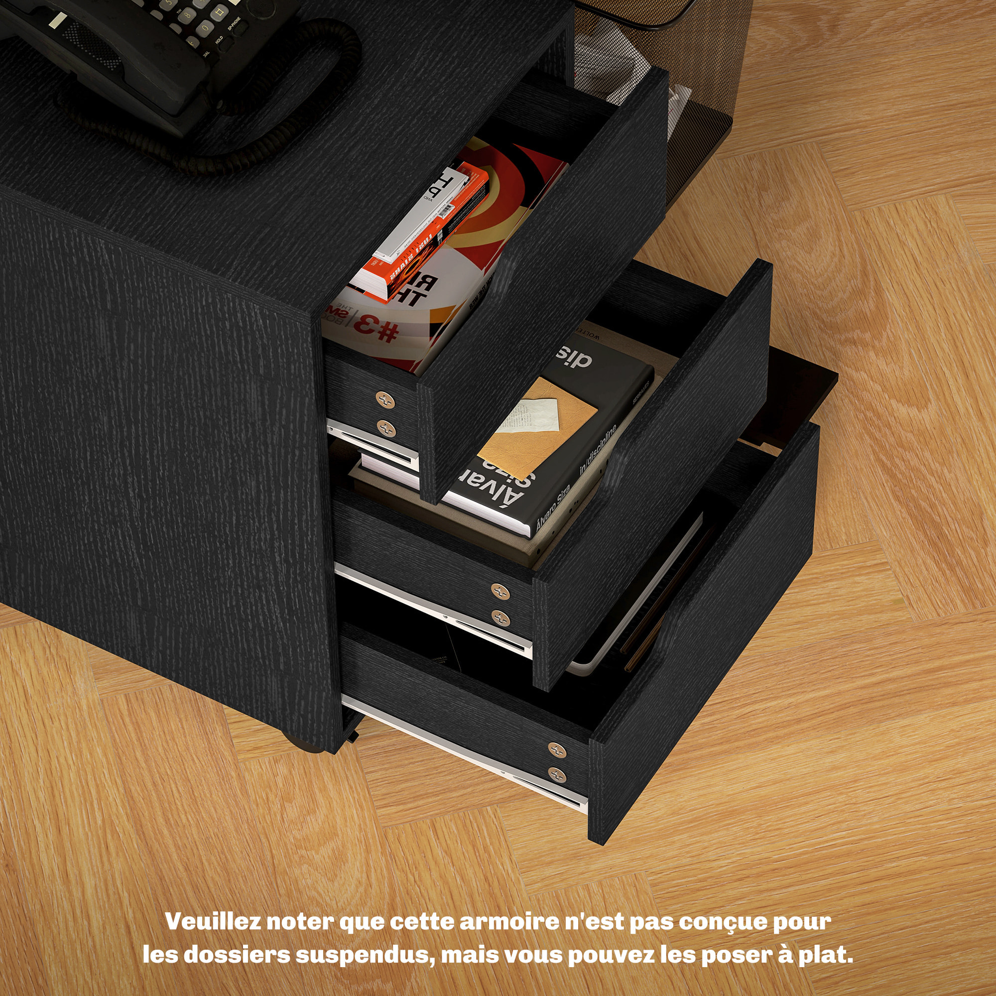 Caisson bureau mobile avec 3 tiroirs, meuble rangement bureau sur roulettes pour documents et imprimante, 40x50x57,5cm, noir