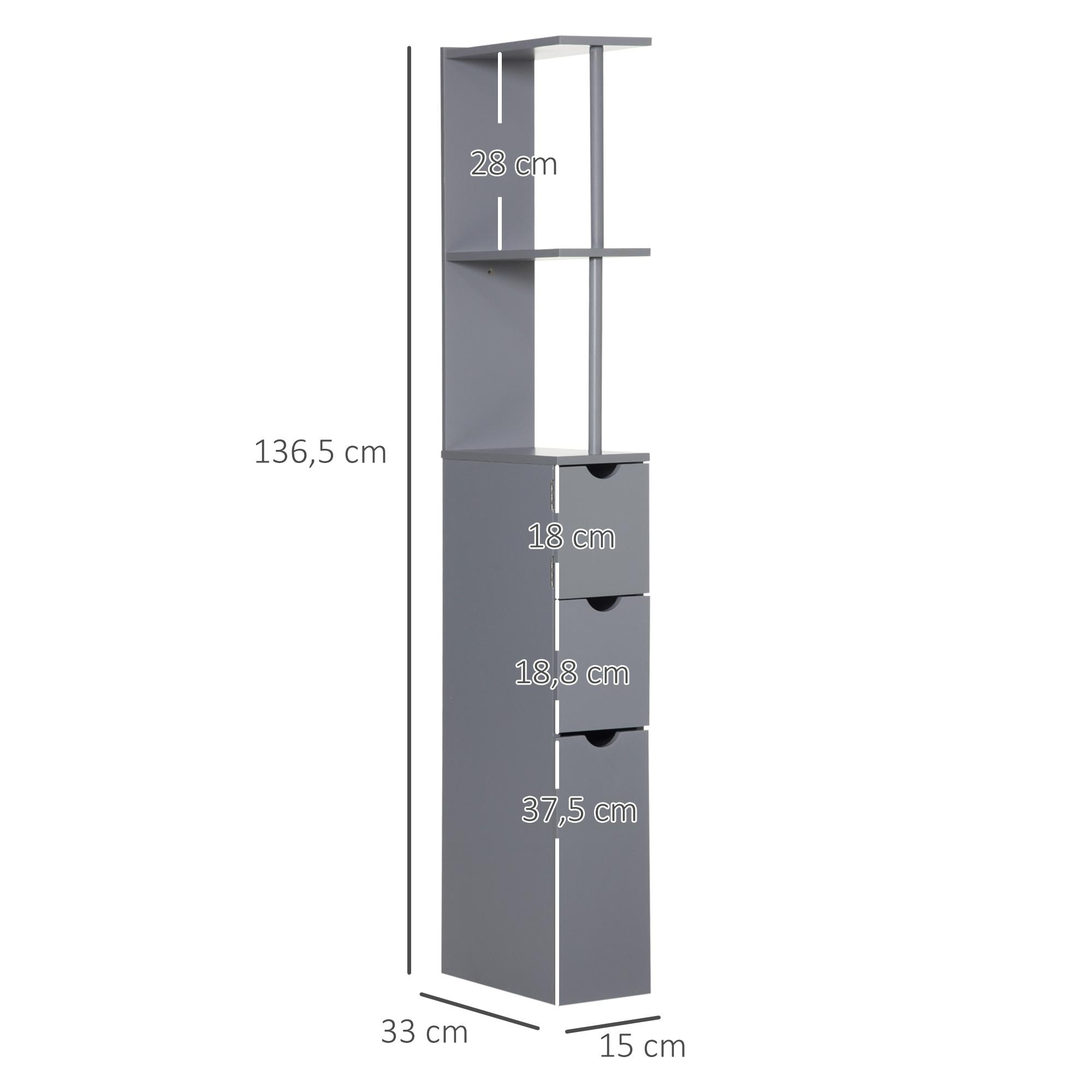 Columna Auxiliar de Baño Moderno Armario de Baño Mueble Auxiliar de Baño con 2 Estantes 2 Cajones y 1 Puerta Antivuelco 15x33x136,5 cm Gris