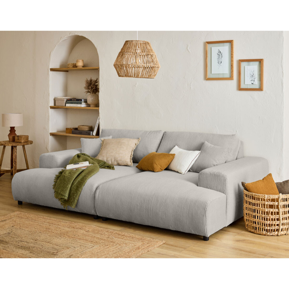 Garance - canapé droit 4 places double méridienne - assise profonde - en velours côtelé - Gris clair