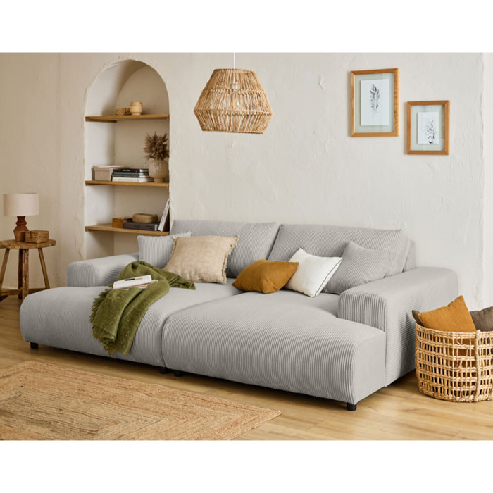 Garance - canapé droit 4 places double méridienne - assise profonde - en velours côtelé - Gris clair