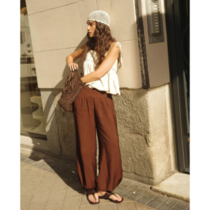 Pantalón ancho largo fluido con jaretas de mujer