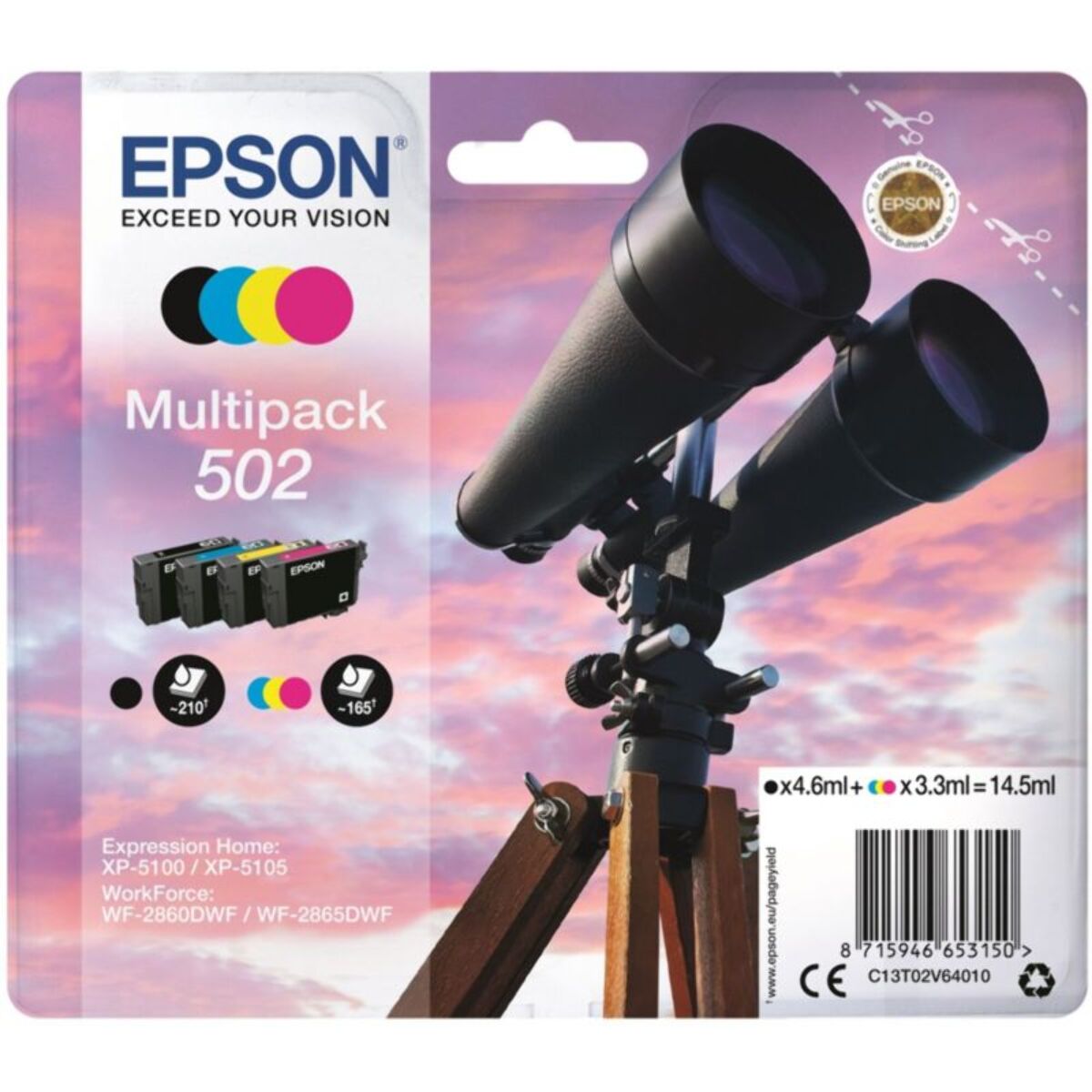 Cartouche d'encre EPSON Pack Multipack 4 Originales 502 (Noir + 3 Couleurs) - C13T02V64010