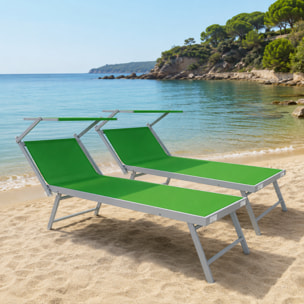 Coppia Di Lettini Prendisole Pieghevole Professionale in Alluminio e Tessuto Textilene Tettuccio Parasole Sdraio Mare Spiaggia 182x60x38 cm Verde