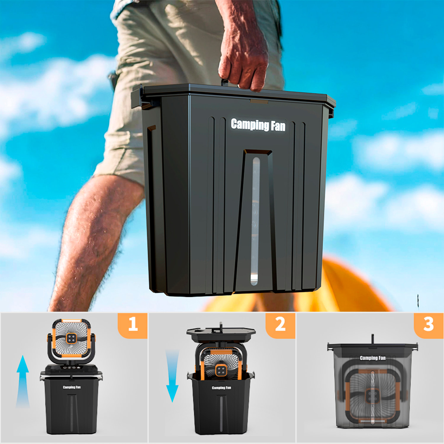 Ventilatore a 4 velocità con serbatoio da 12L, funzione spray, illuminazione doppia, oscillazione e telecomando. Include power bank da 20000 mAh, 16 W e vento max. 4,5 m/s.