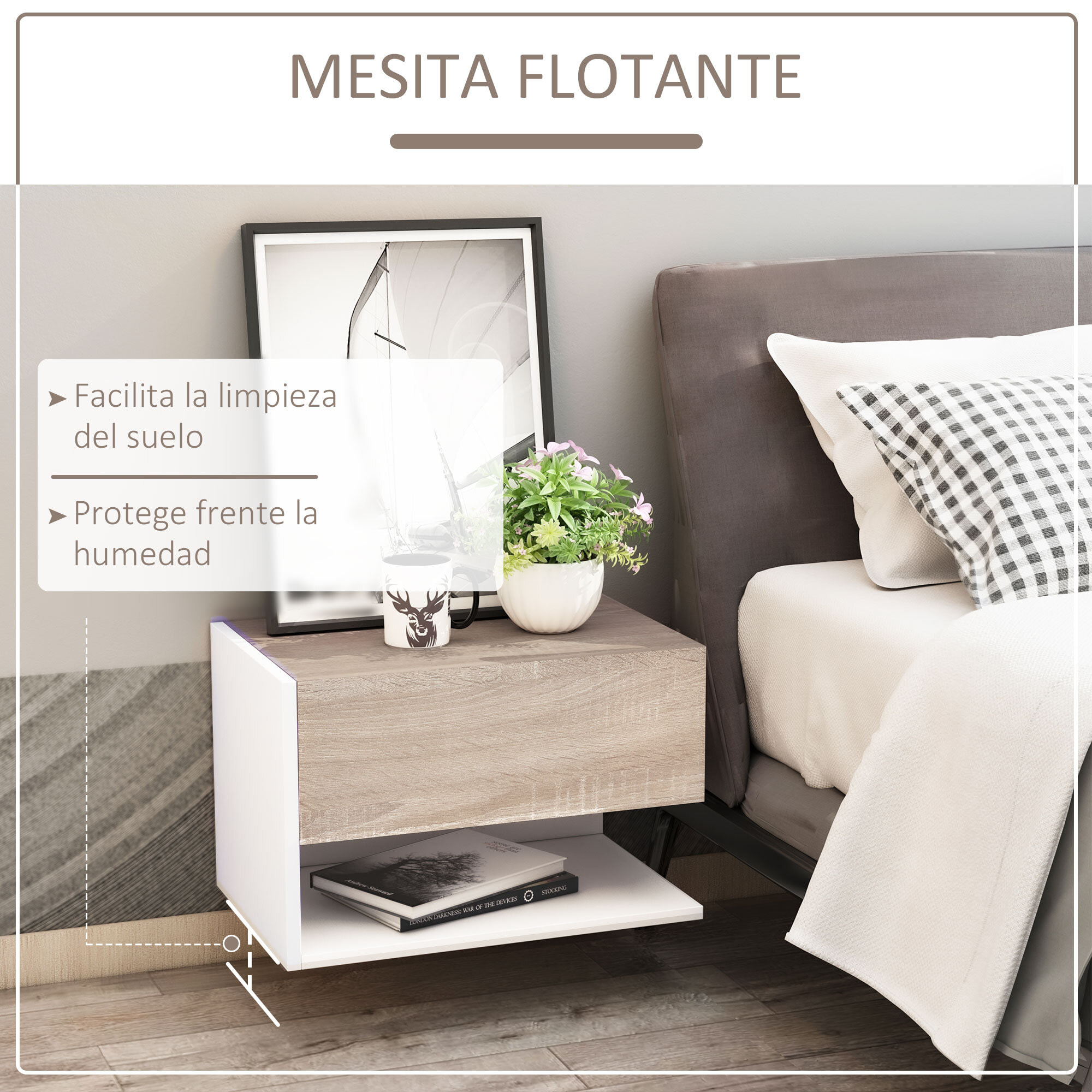 Set de 2 Mesitas de Noche de Madera 46x30x30cm Blanco, Roble