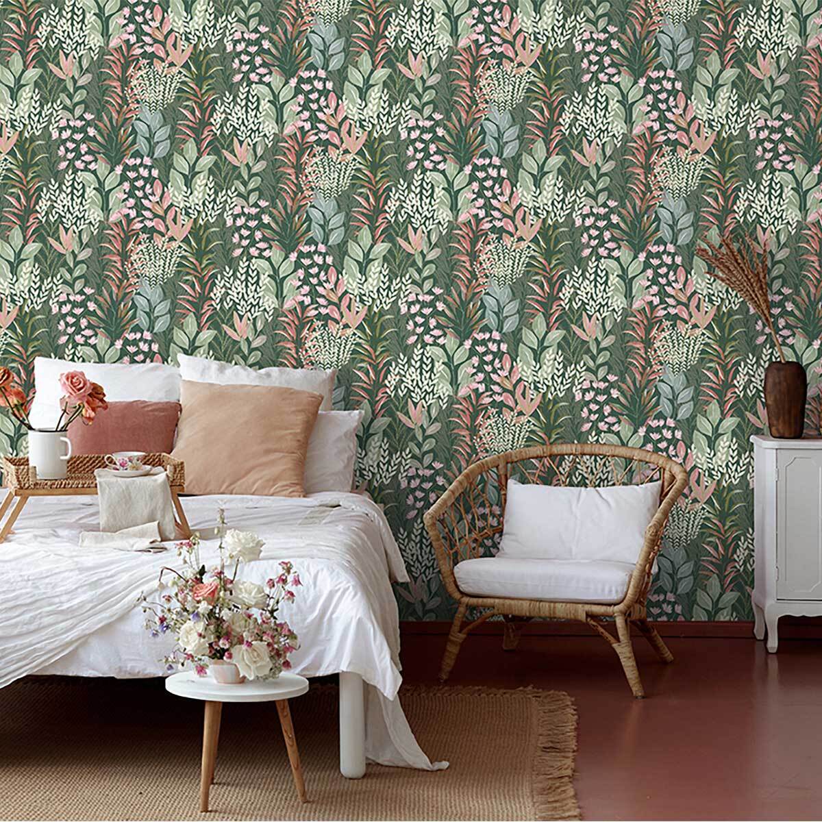 Papier peint feuillage aquarelle vert profond