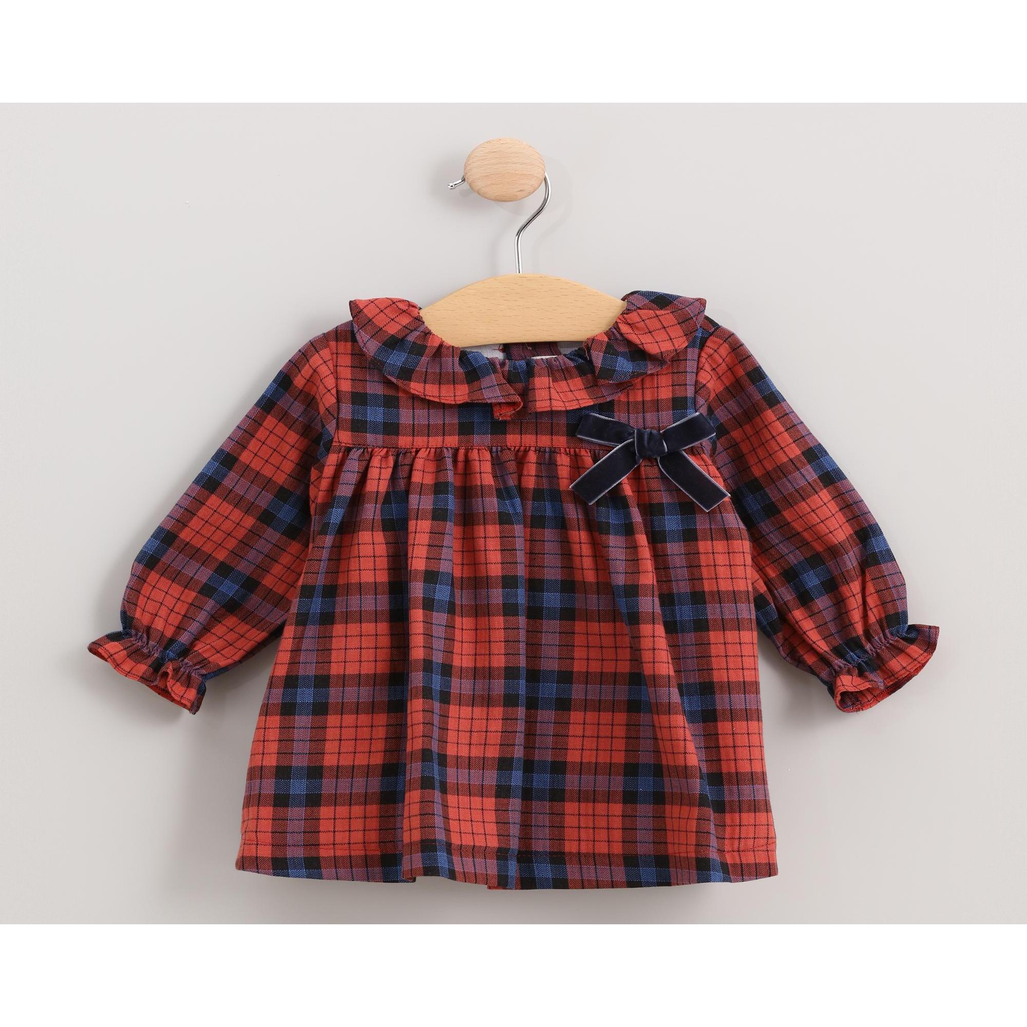 Vestido cuello volante cuadro ventana rojo y azul