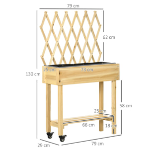 Huerto Urbano Elevado de Madera con Ruedas Mesa de Cultivo con Enrejado Cama de Jardín Elevado con Tela no Tejida y Orificio de Drenaje para Plantas Flores 79x29x130 cm Natural